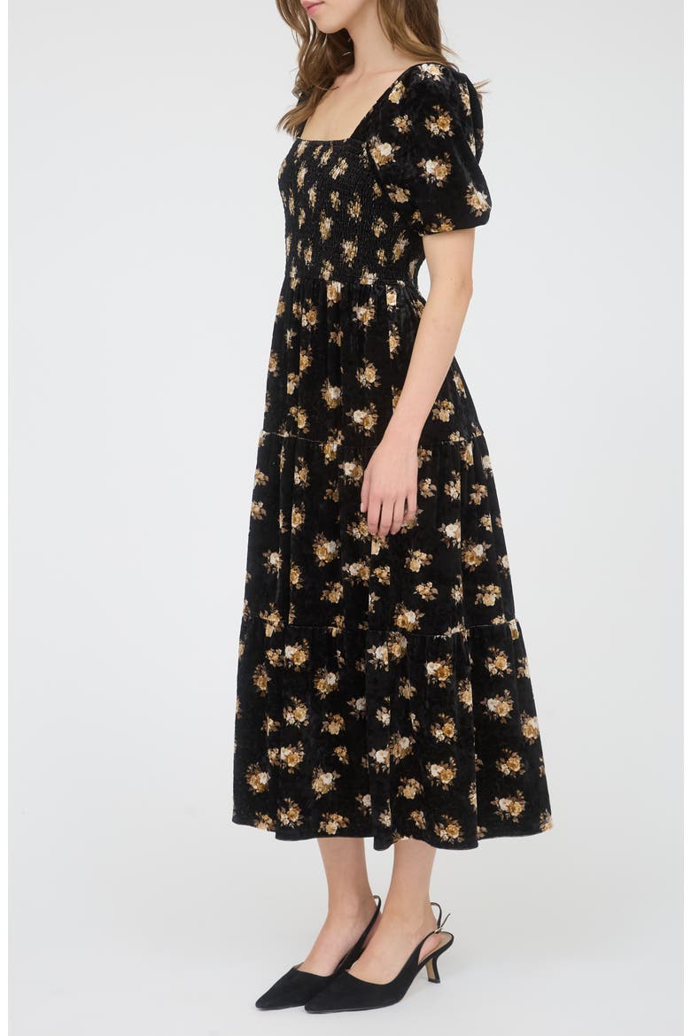 Puff Sleeve Midi Dress, Alternate, color, BLACK MULTI