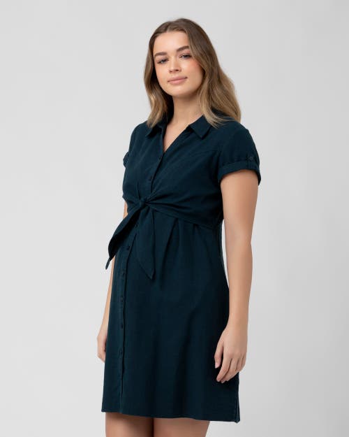 Ripe Maternity Maternity Colette Short Sleeve Tie Up Linen Dress In Black
