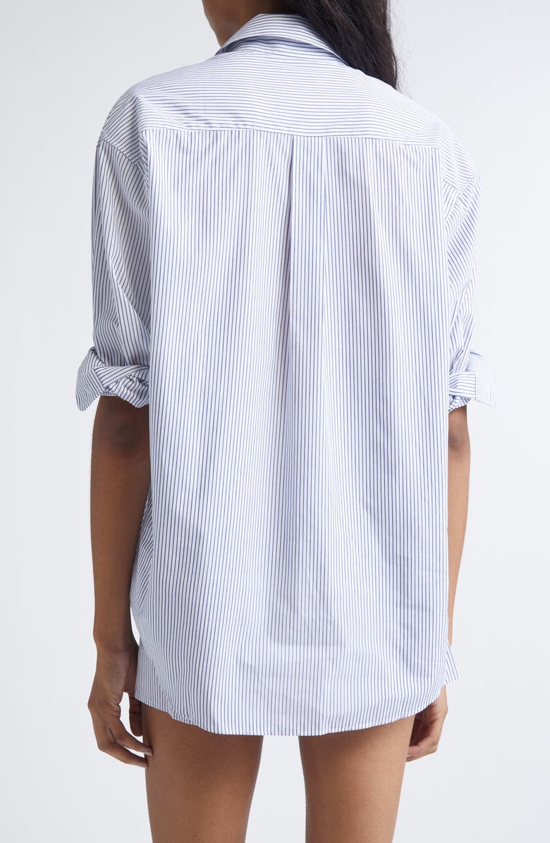 Sporty & Rich Gender Inclusive New York Yankees Serif Stripe Poplin Button-Up Shirt, Alternate, color, Navy Striped