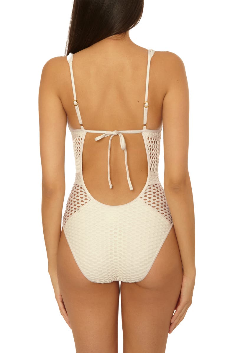 Becca Castaway Fishnet Plunge One-Piece Swimsuit, Alternate, color, Ecru