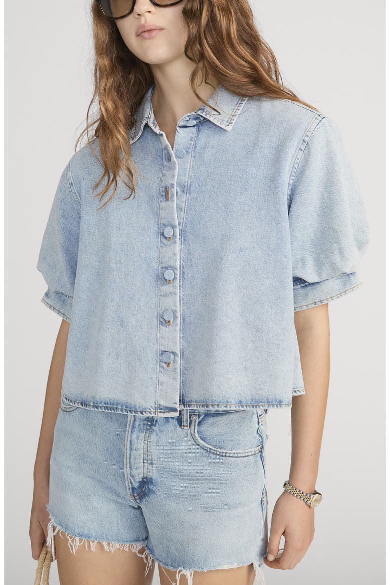 The Billow Sleeve Denim Button-Up Shirt, Alternate, color, PUFFIN