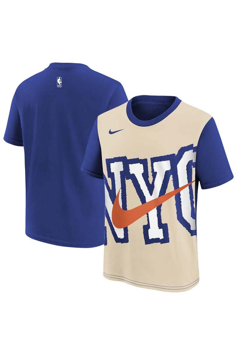 Youth Nike Light Beige/Blue New York Knicks 2025/26 City Edition Max90 T-Shirt, Main, color, Light Beige