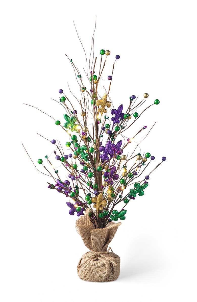 Glitzhome Mardi Gras Lighted Fleur-de-Lis & Berry Table Tree, Main, color, Purple