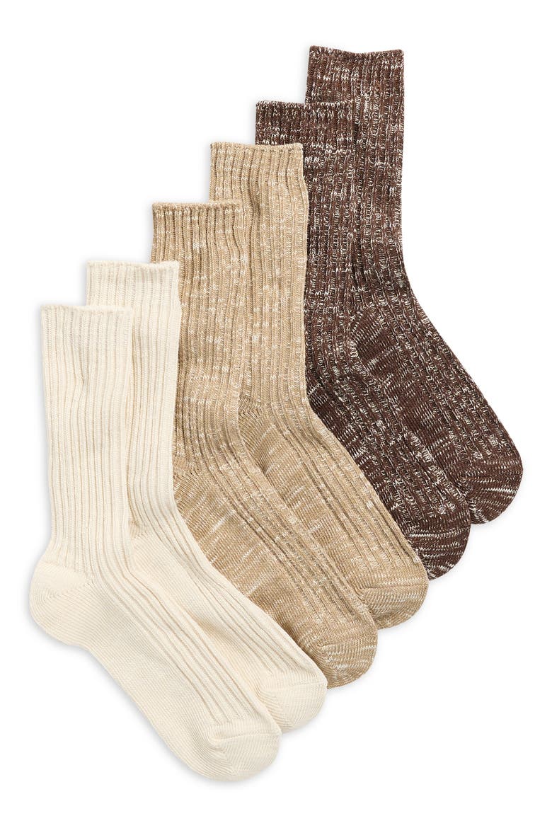 3-Pack Slub Crew Socks, Main, color, KHAKI IVORY BROWN