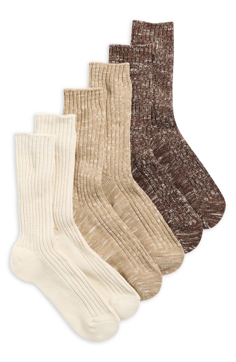 NORDSTROM RACK 3-Pack Slub Crew Socks, Main, color, Khaki Ivory Brown