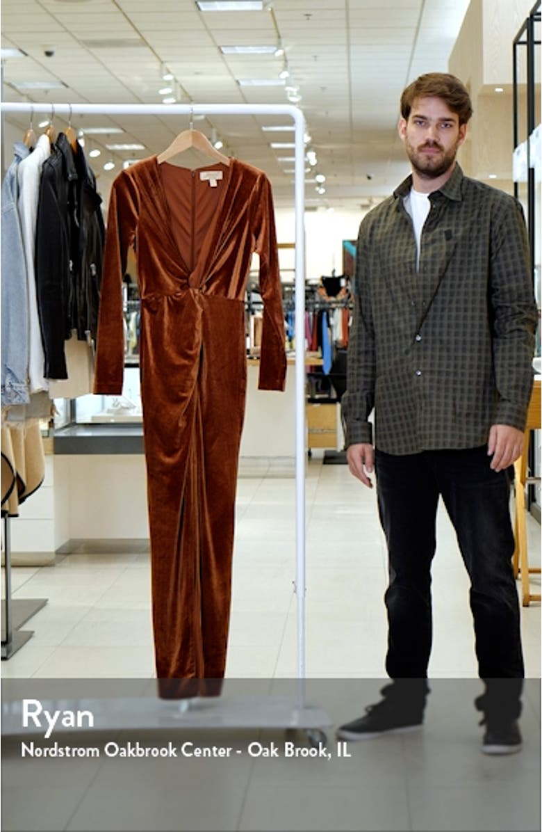 Twist Detail Long Sleeve Stretch Velvet Gown, sales video thumbnail