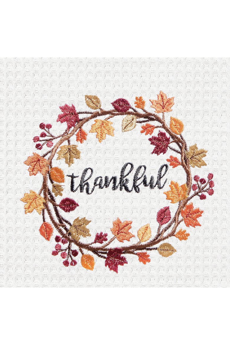Thankful Wreath Embroidered Waffle Weave Kitchen Towel, Alternate, color, White