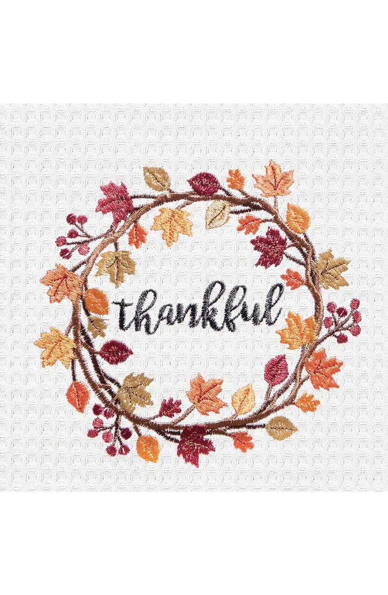 C&F Home Thankful Wreath Embroidered Waffle Weave Kitchen Towel, Alternate, color, White