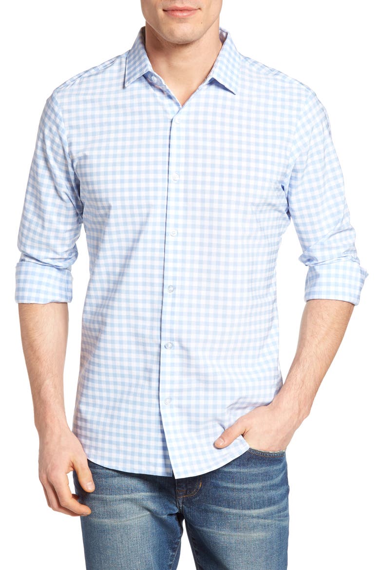 Hampton Trim Fit Gingham Performance Shirt, Main, color, BLUE