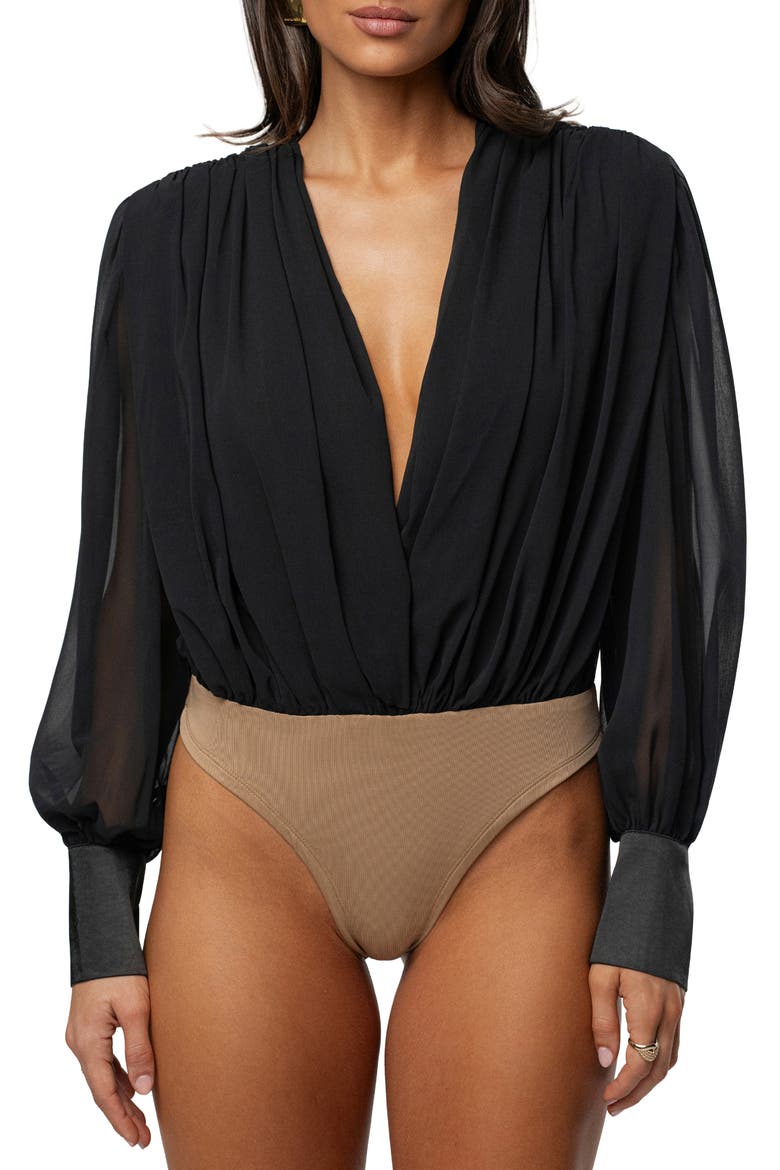 Pleated Long Sleeve Bodysuit, Main, color, BLACK