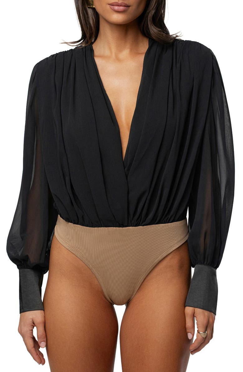 JLUXLABEL Pleated Long Sleeve Bodysuit, Main, color,