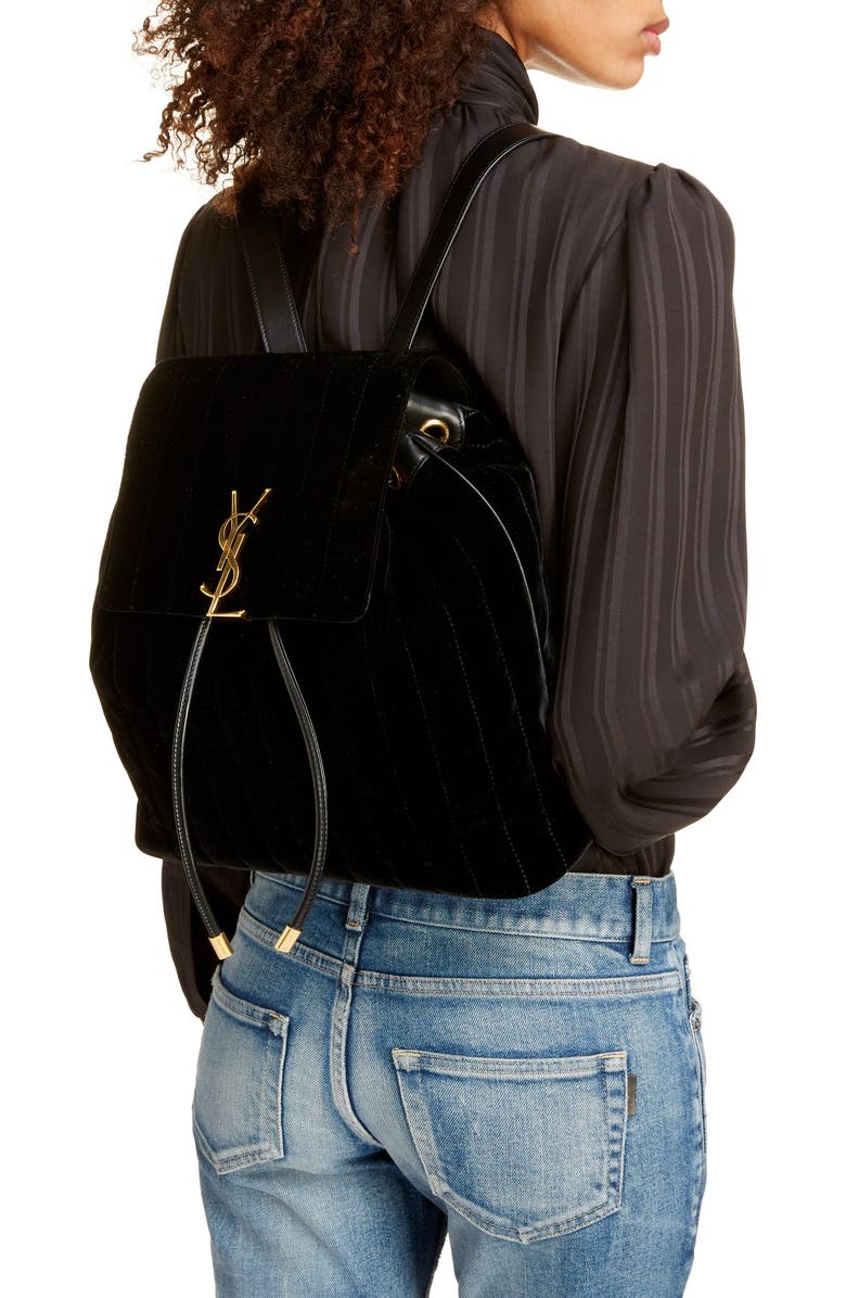 Saint Laurent Vicky Quilted Velvet Backpack, Alternate, color,