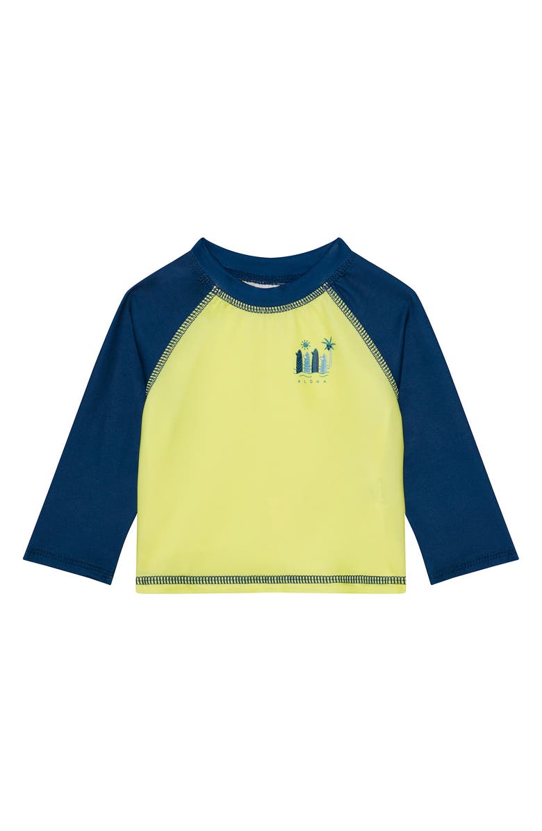 PL Baby by Petit Lem Long Sleeve Rashguard, Swim Trunks & Sun Hat Set, Alternate, color, Surf