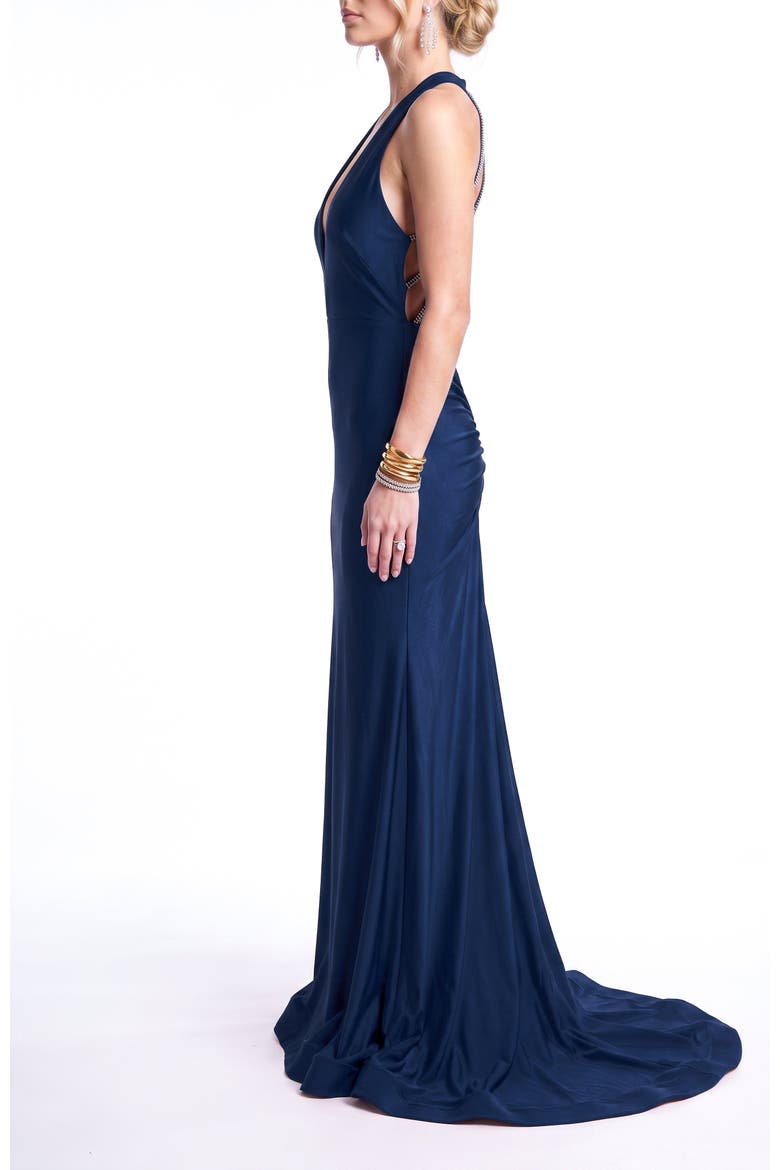 Rhinestone Open-Back Halter Mermaid Evening Gown, Alternate, color, Navy