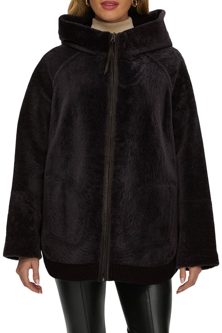 Reversible Textured Genuine Shearling Lamb Zip Parka with Ribbed Hem, Main, color, BROWN/BROWN