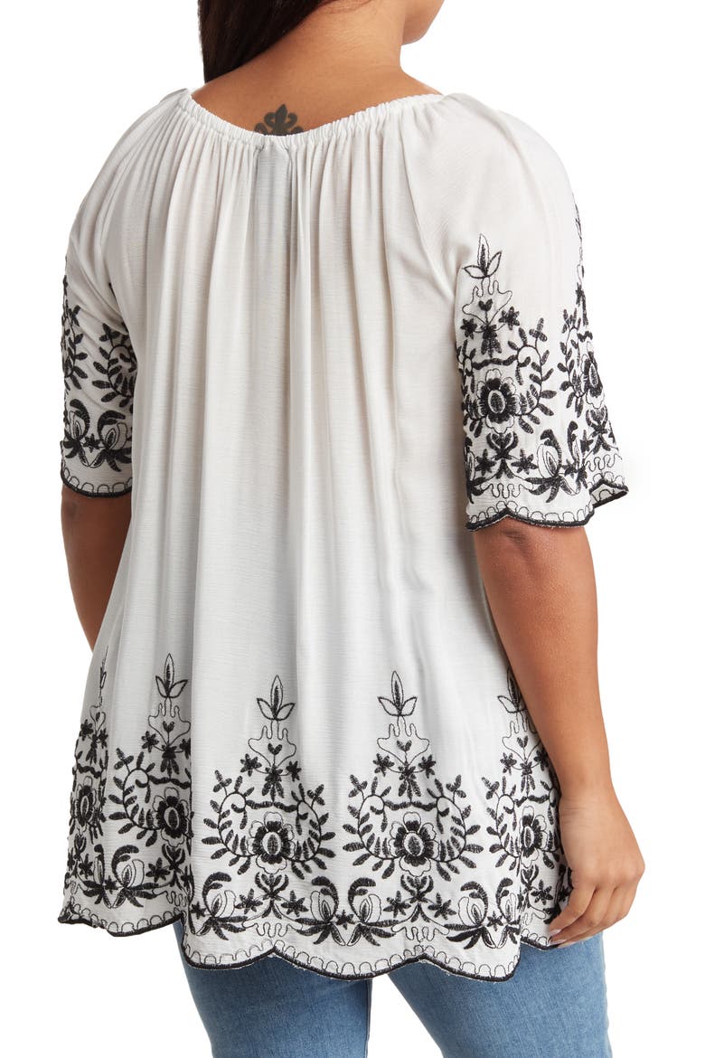 Embroidered Trim Peasant Tunic Top, Alternate, color, WHITE/BLACK