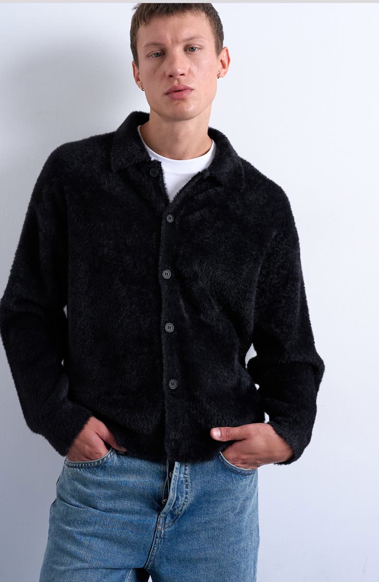Topman Fluffy Collared Cardigan, Main, color, Black