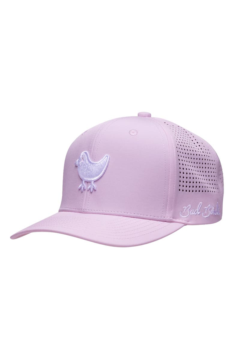 Bad Birdie Logo Embroidered Snapback Trucker Hat, Main, color, Frosty Petal