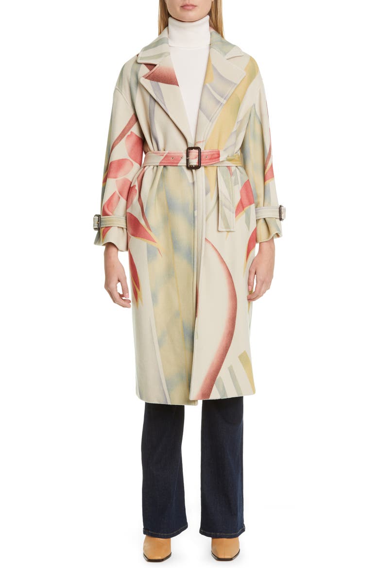 Leaf Print Wool & Cashmere Coat, Main, color, WHITE