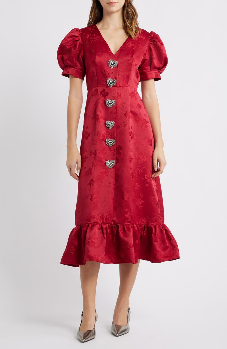 Sister Jane Carnival Hearts Puff Sleeve Midi Dress, Main, color, Red