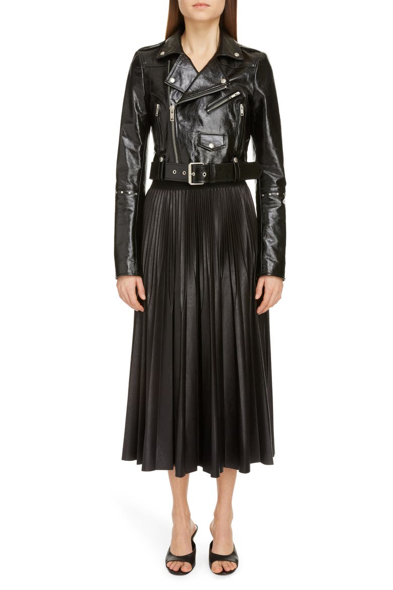 Studded Crop Leather Biker Jacket, Alternate, color, BLACK