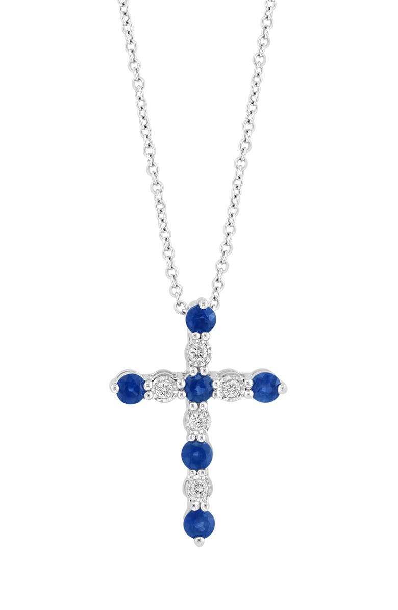 EFFY Sterling Silver Sapphire & Diamond Cross Pendant Necklace - 0.07ct., Main, color,