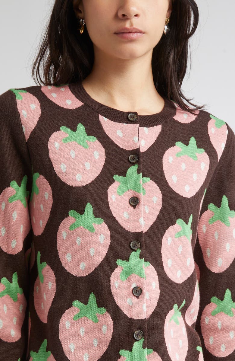 Sandy Liang Eddie Strawberry Jacquard Merino Wool Cardigan, Alternate, color, Brown Multi