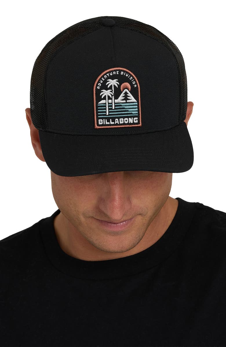 Billabong Adiv Logo Patch Trucker Hat, Alternate, color, Black