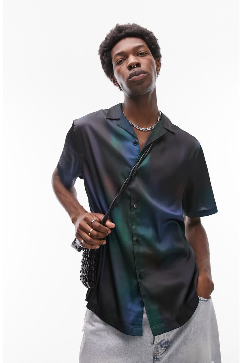 Space Dye Short Sleeve Satin Camp Shirt, Main, color, BLACK MULTI