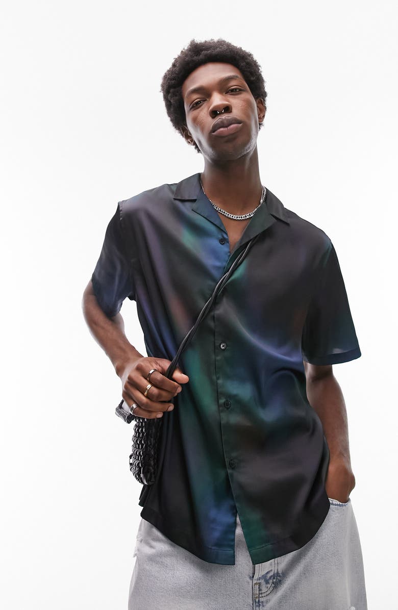 Topman Space Dye Short Sleeve Satin Camp Shirt, Main, color, 