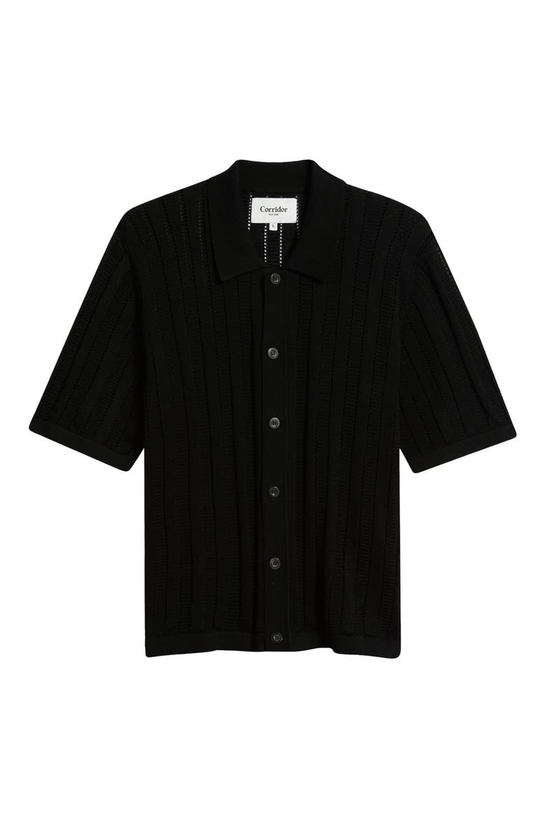Pointelle Stripe Short Sleeve Organic Cotton Sweater, Alternate, color, BLACK