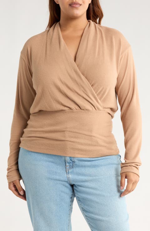Surplice V-Neck Long Sleeve Top (Plus)