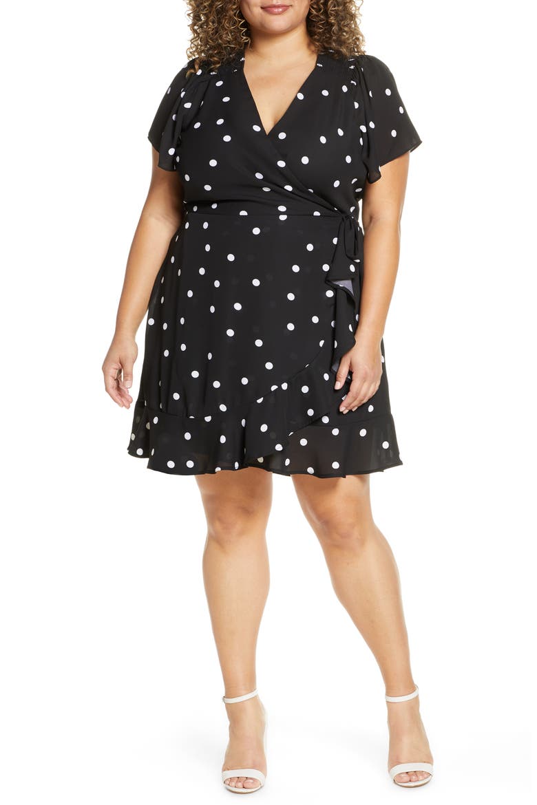 Gibson x International Women's Day Steph Taylor Jackson Smocked Shoulder Ruffle Wrap Dress, Main, color, BLACK/ WHITE DOT