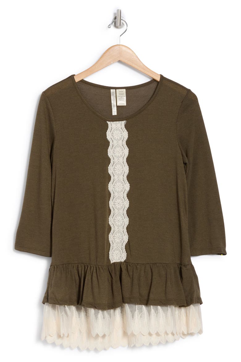 Lace Trim Long Sleeve Peplum Top, Alternate, color, OLIVE