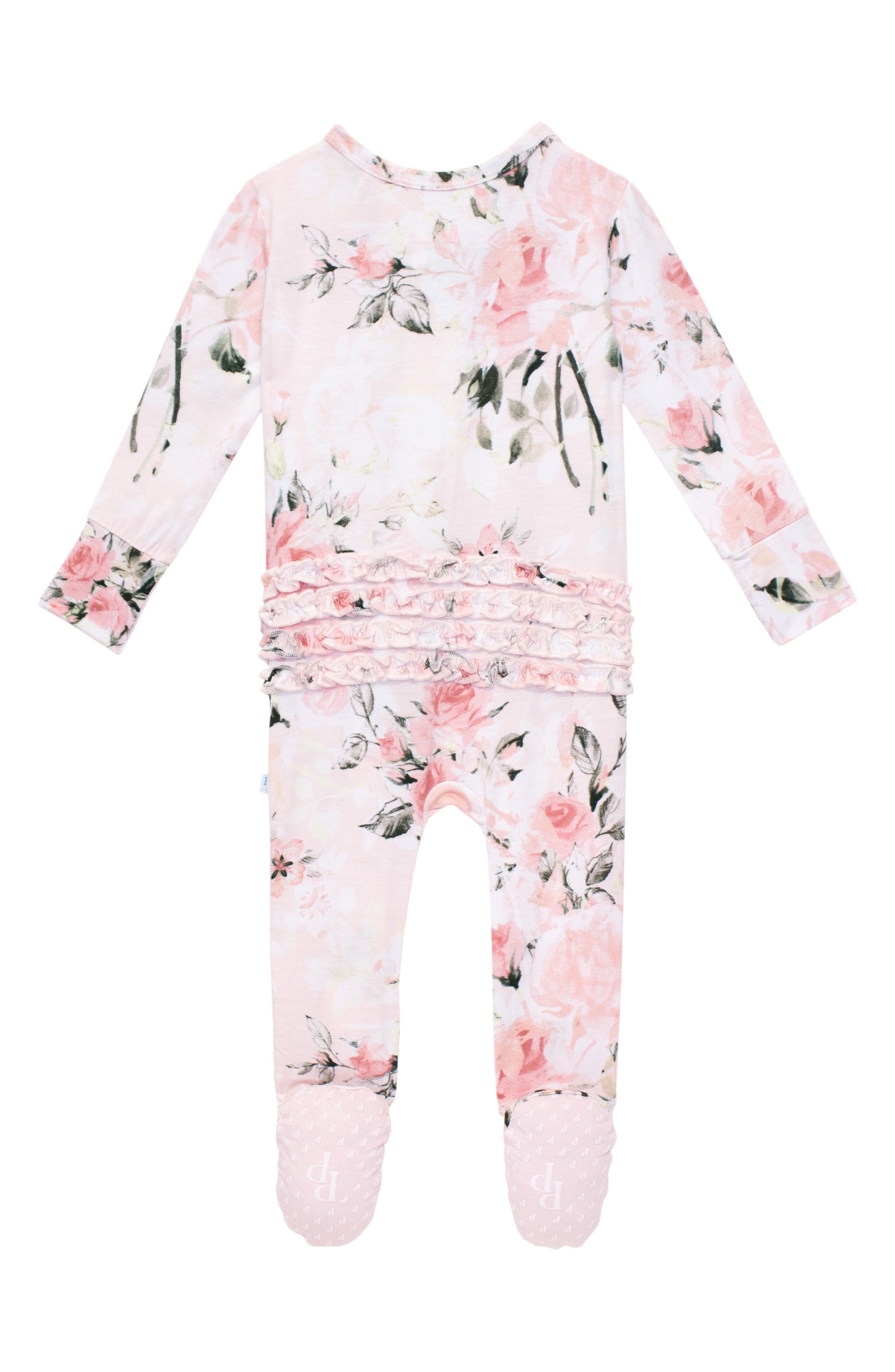 Детские Posh Peanut Vintage Pink Rose Ruffle Fitted Footie Pajamas — фото 4