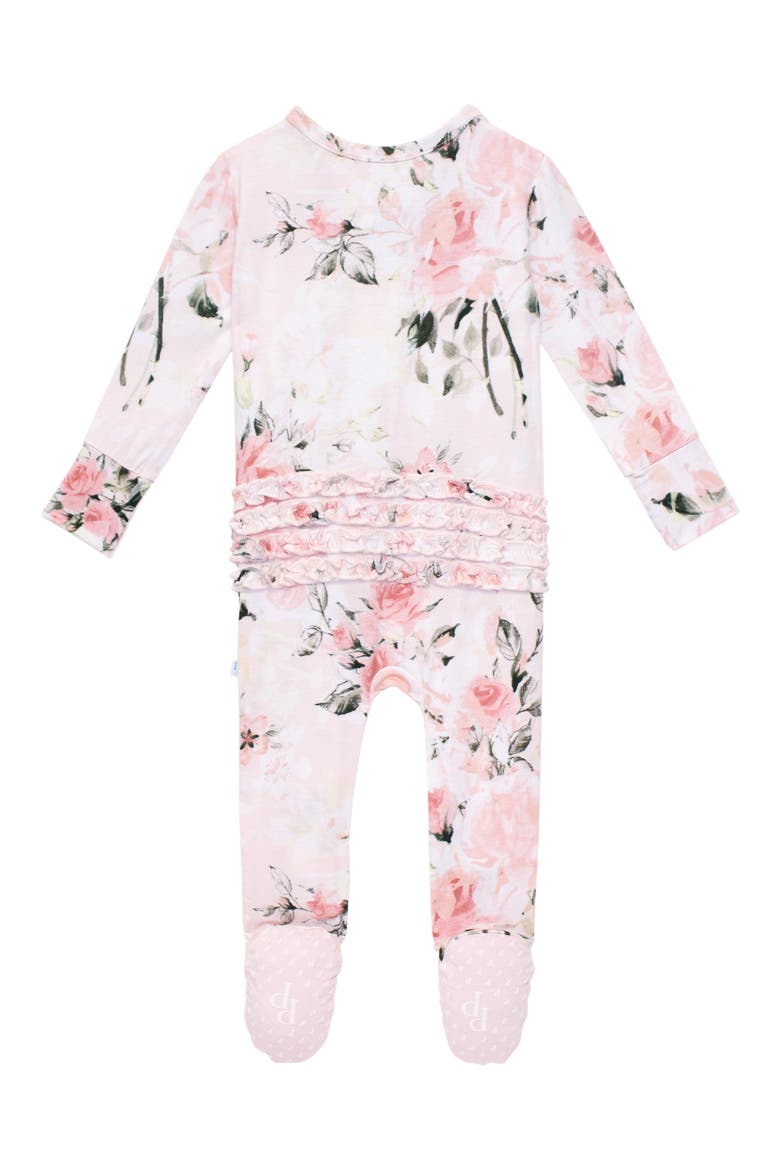 Vintage Pink Rose Ruffle Fitted Footie Pajamas, Alternate, color, LIGHT/ PASTEL PINK