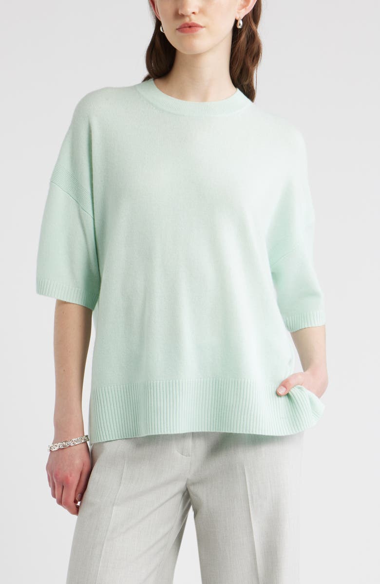 Nordstrom Relaxed Short Sleeve Cashmere Sweater, Main, color, Green Joyful