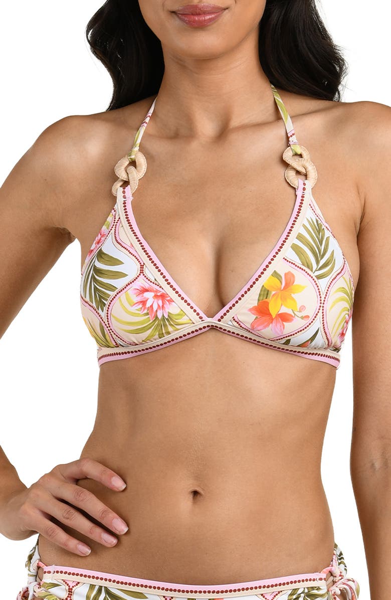 La Blanca Palm O-Ring Bikini Top, Main, color, White Multi