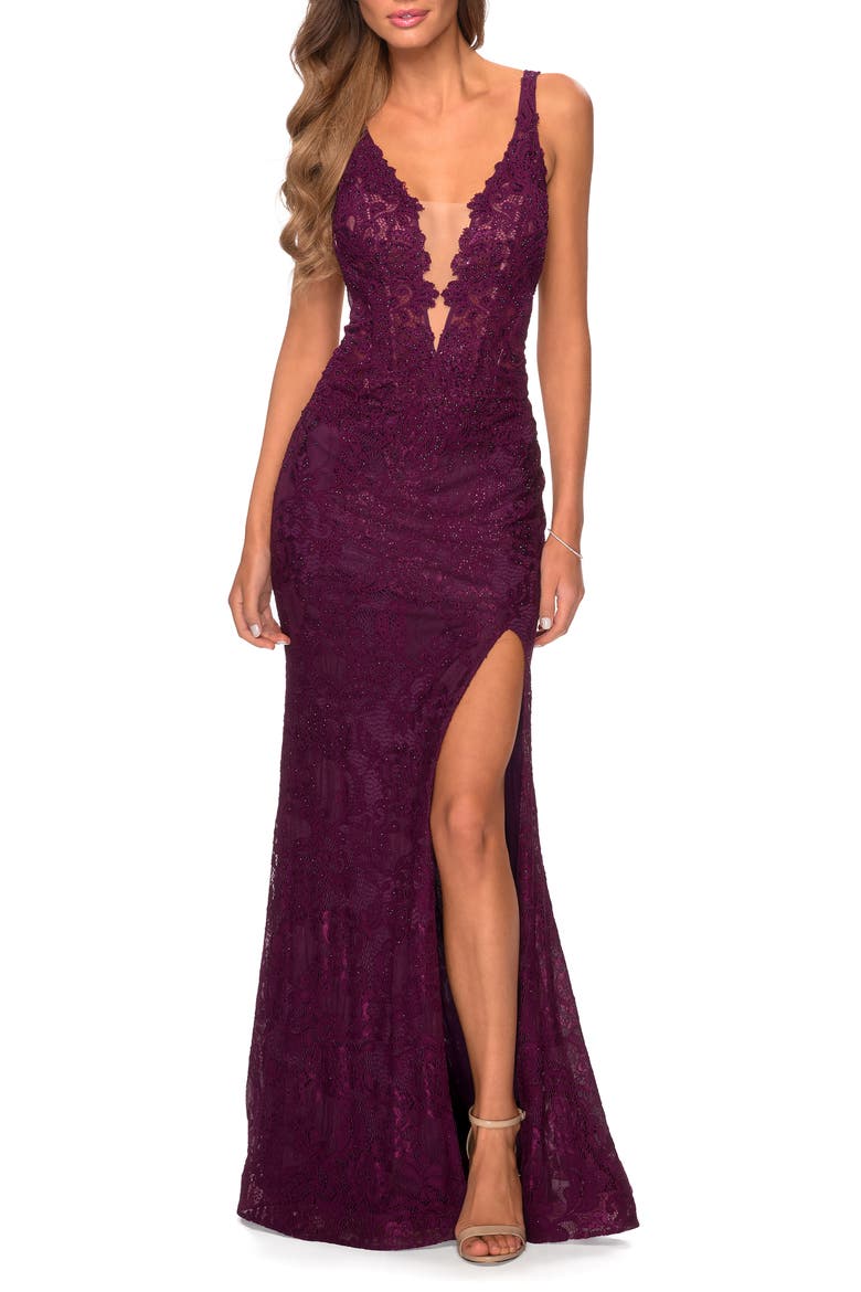 Sparkle Lace Plunge Neck Gown, Main, color, DARK BERRY