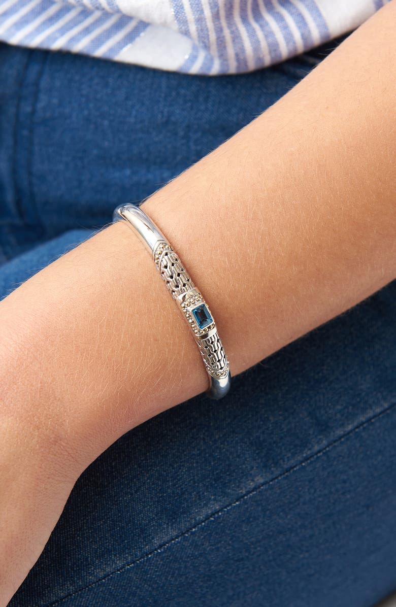 DEVATA Sterling Silver 18K Yellow Gold Accented Blue Topaz Filagree Cuff Bracelet, Main, color,