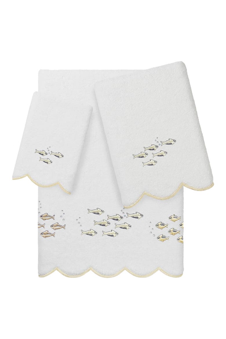 Fish School Scallop 3-Piece Hand Towel Set, Main, color, WHITE/ BEIGE