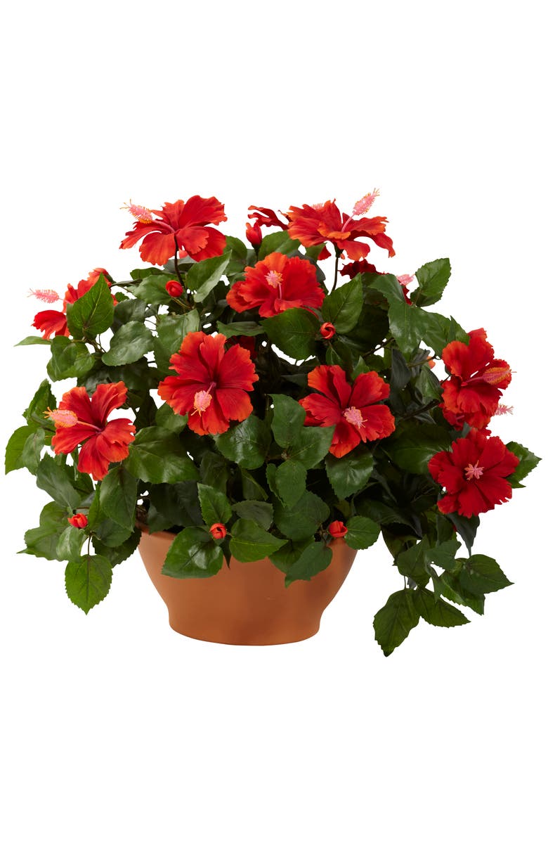 NEARLY NATURAL Hibiscus with Clay Planter, Main, color, Green/Red