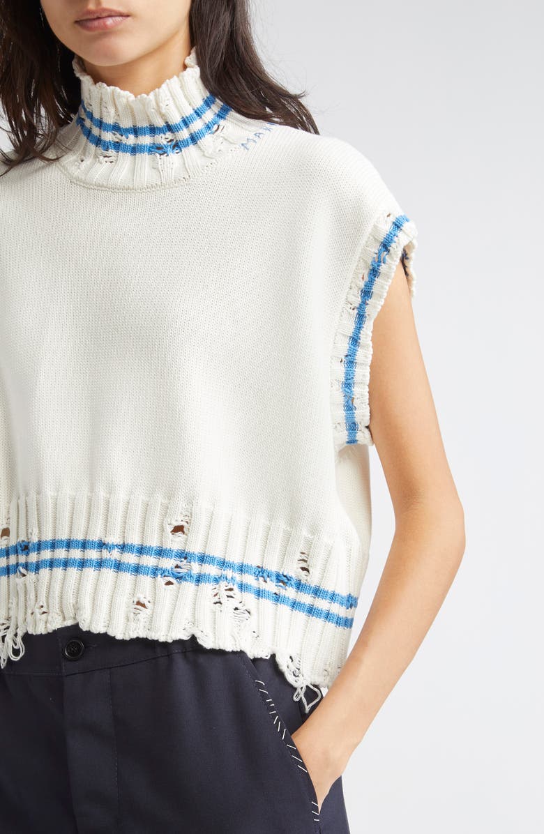 Marni Mending Logo Distressed Boxy Cotton Turtleneck Sweater, Alternate, color, V2w01 Lily White