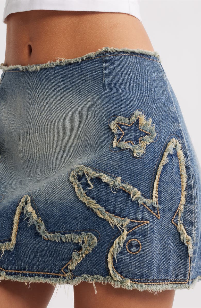 PTCL x Playboy Frayed Appliqué Raw Hem Denim Miniskirt, Alternate, color,