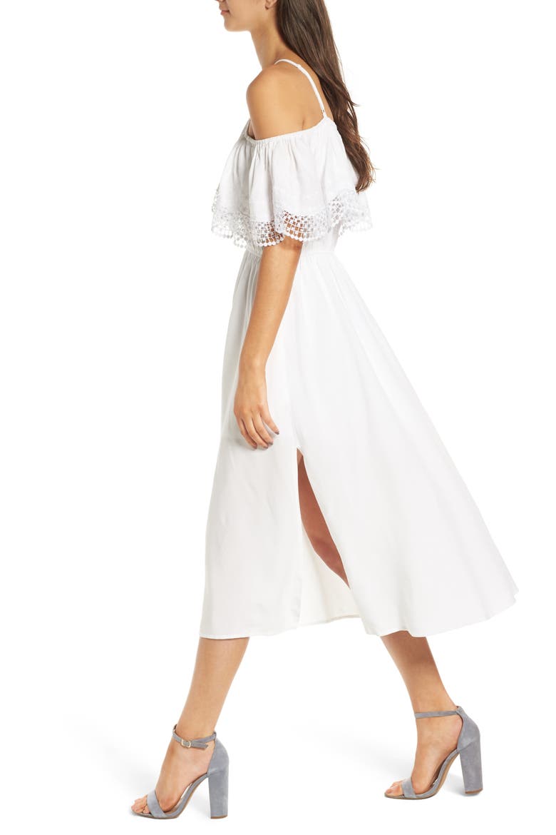 Lace Trim Cold Shoulder Dress, Alternate, color, WHITE