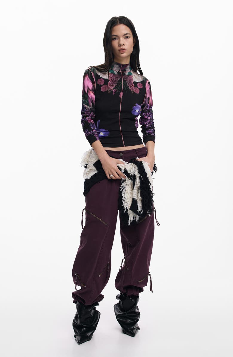 Desigual Long Sleeve Floral Top, Alternate, color, Black