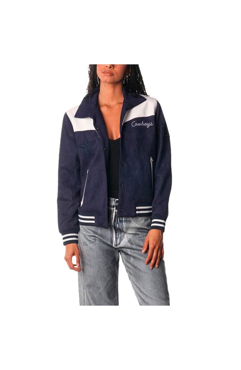 THE WILD COLLECTIVE Women's The Wild Collective Navy Dallas Cowboys Suede Full-Snap Bomber Jacket, Main, color, Navy