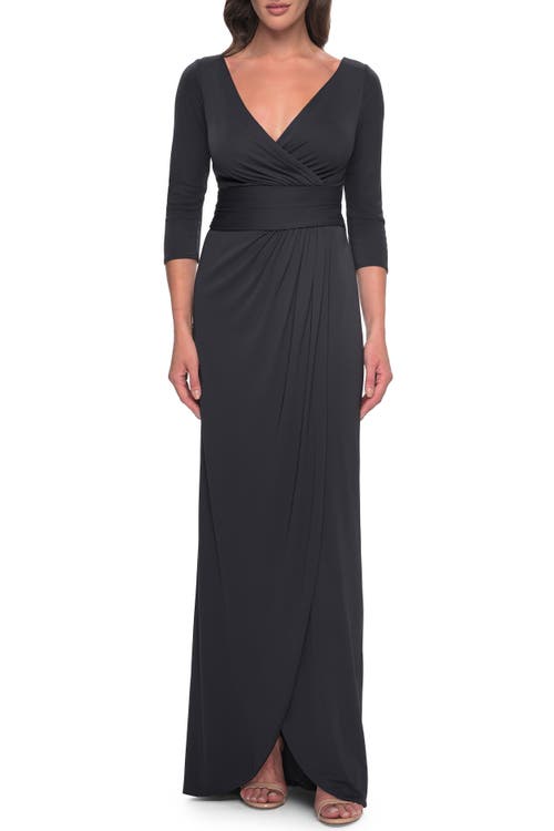 La Femme Simple Chic Jersey Dress With Ruched Waist And V Neckline In Charcoal