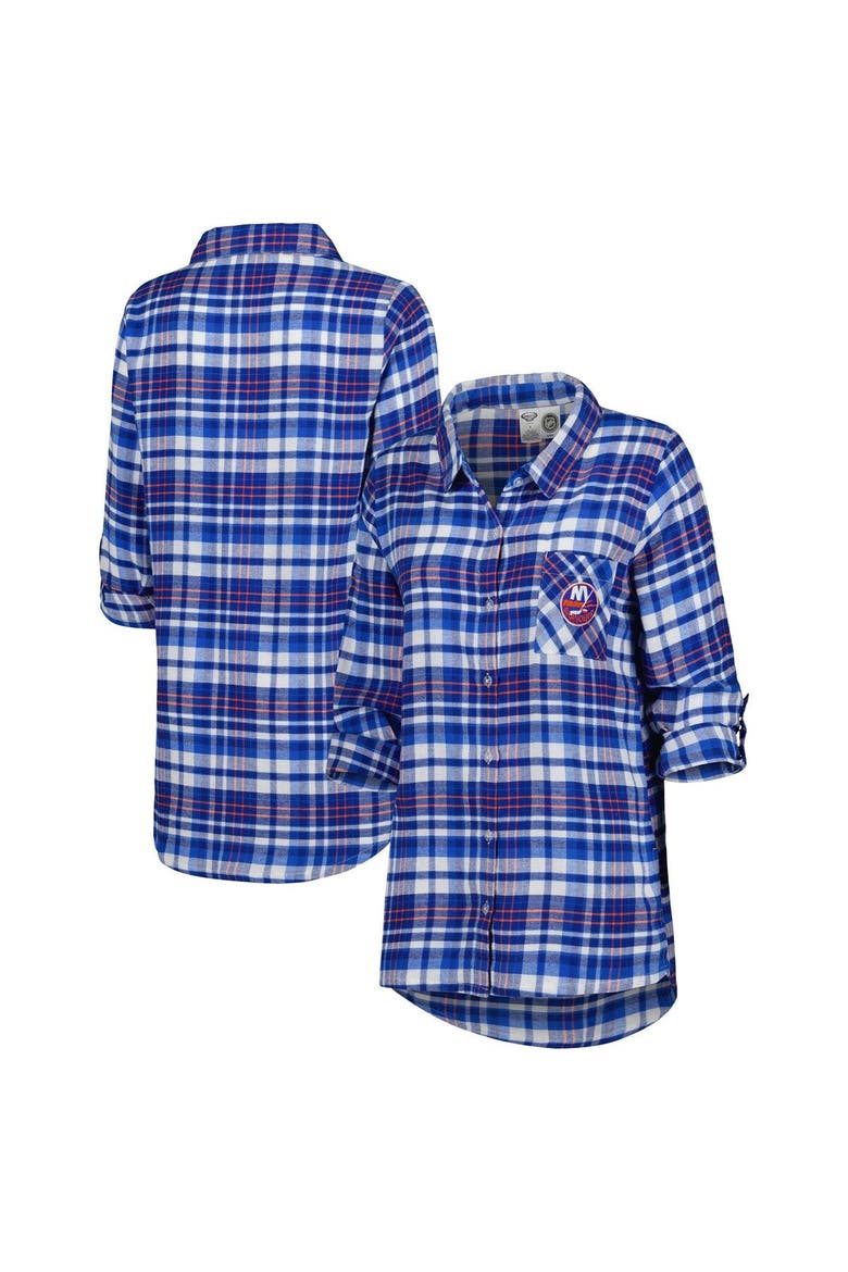 Women's Concepts Sport Royal New York Islanders Mainstay Flannel Full-Button Long Sleeve Nightshirt, Main, color, Royal