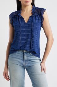 Loveappella Polka Dot Ruffle Trim Split Neck Top